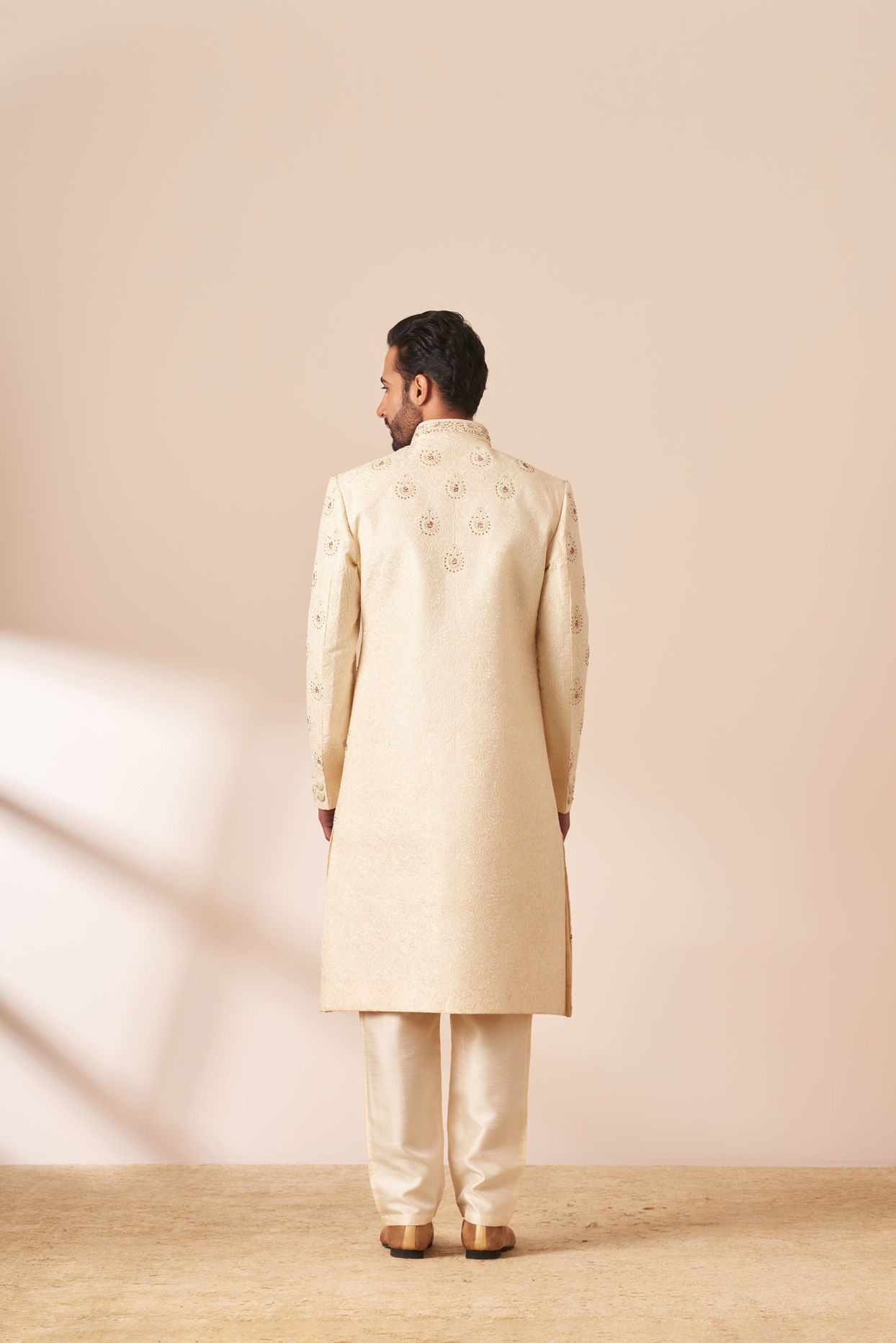 Cream Jacket Style Sherwani with All Over work image number 3